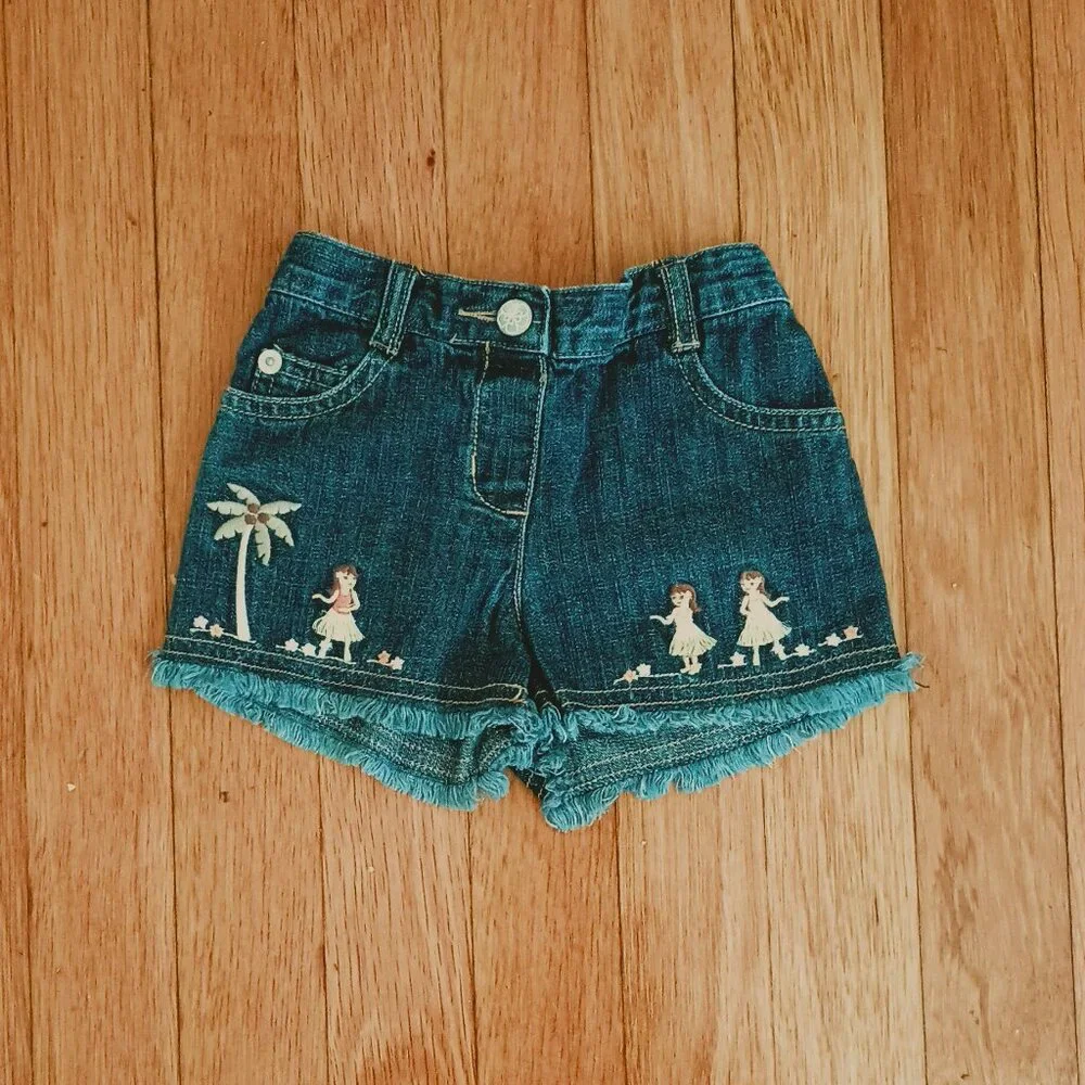 Gymboree Girls Embroidered Hawaiian Shorts 6-12m Denim Pull On Jean Cut Offs